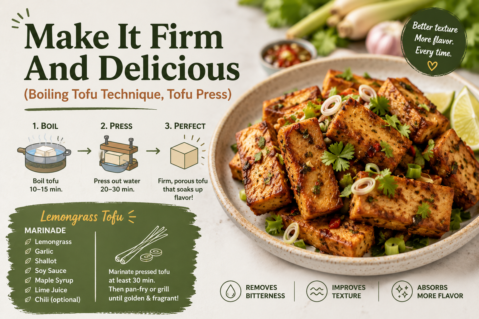 Boiling and pressing tofu for firm, flavorful lemongrass tofu