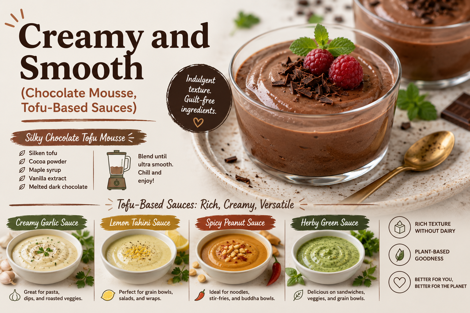 Silken tofu blended into creamy chocolate mousse and tofu-based sauces