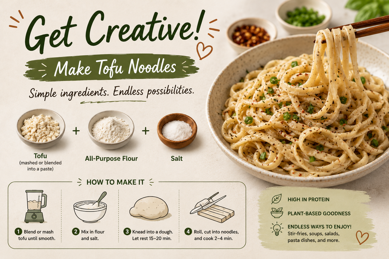 Tofu blended with flour and salt to make high-protein tofu noodles