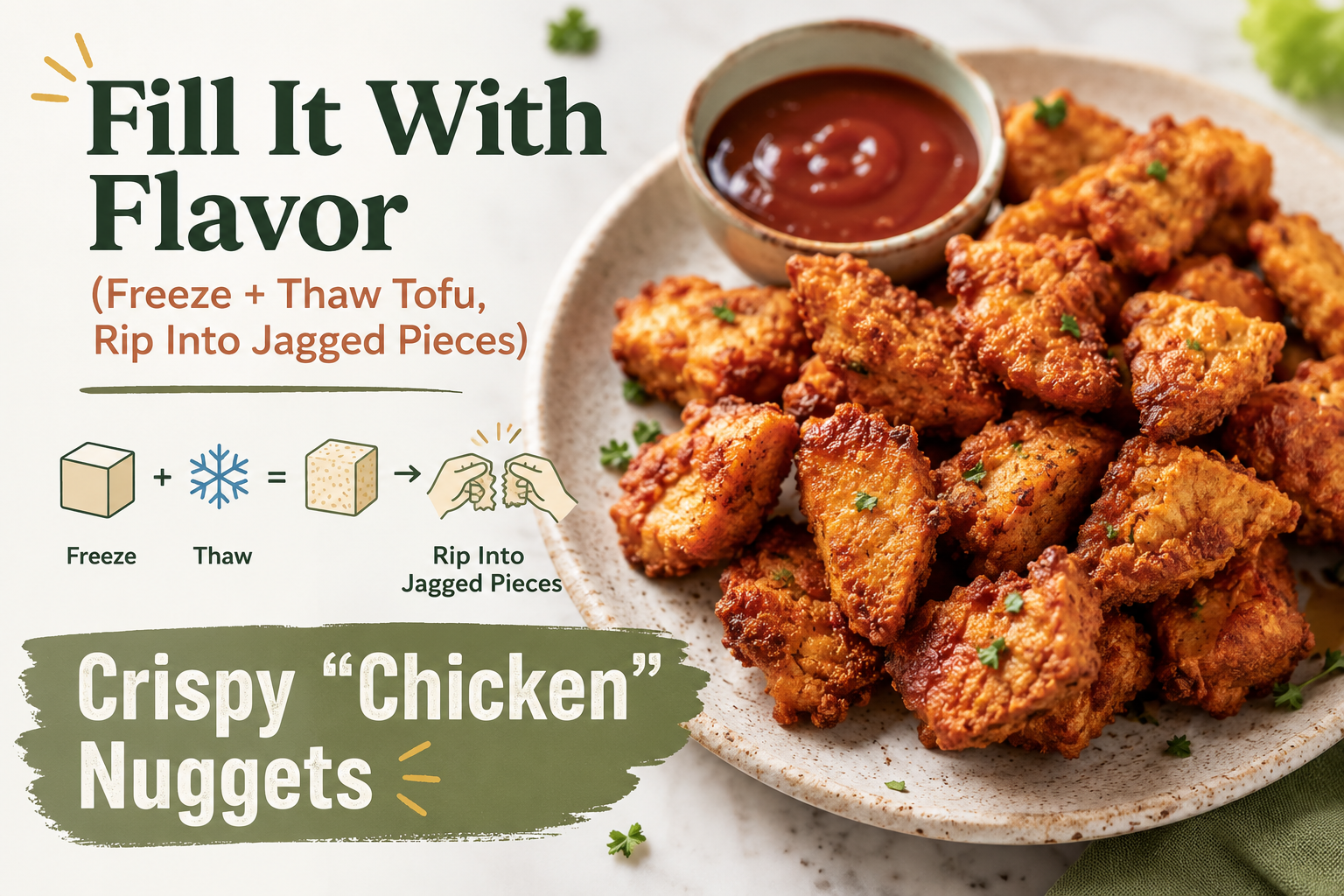 Freeze + thaw tofu, ripped into jagged pieces for crispy "chicken" nuggets